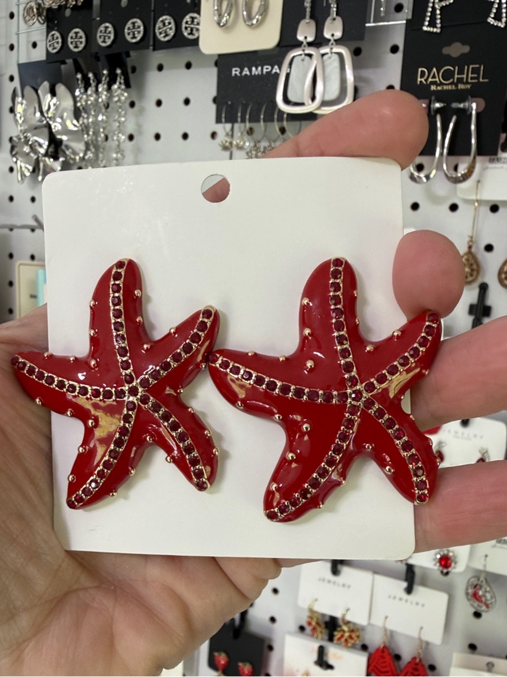 Bold Red Starfish Drop Earrings with Gold Accents